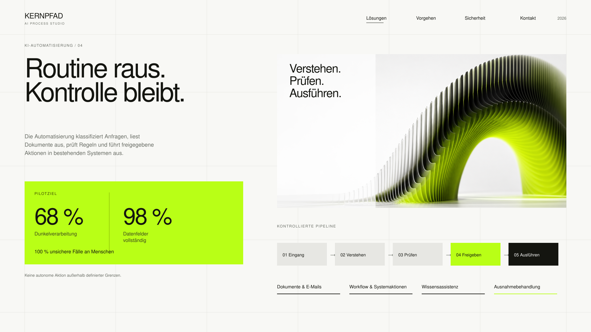 Fiktive Kernpfad Websiteansicht zur kontrollierten KI Automatisierung