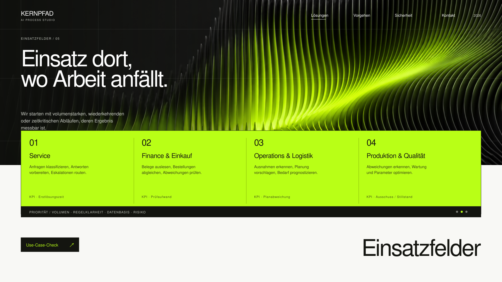 Fiktive Kernpfad Websiteansicht mit beispielhaften Einsatzfeldern